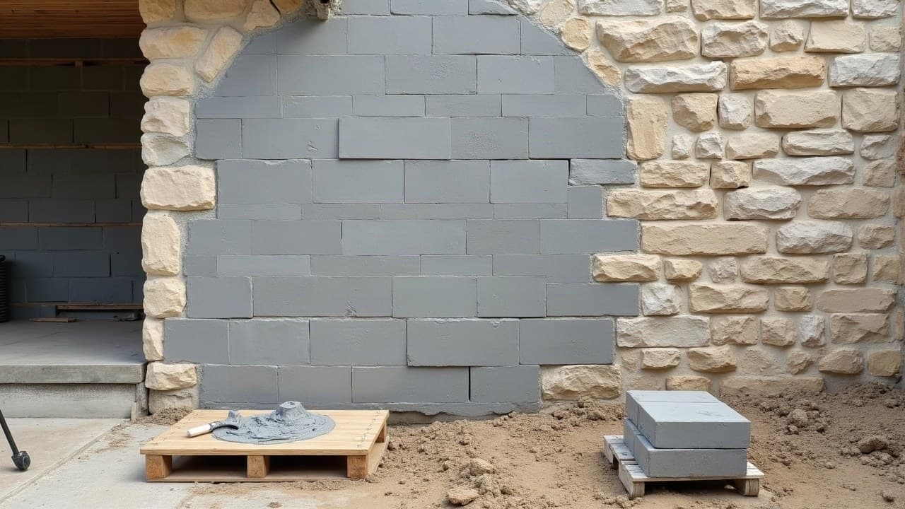 Jonction harpée entre un mur neuf en parpaing et un mur ancien en pierre calcaire lors d'une extension à Niort
