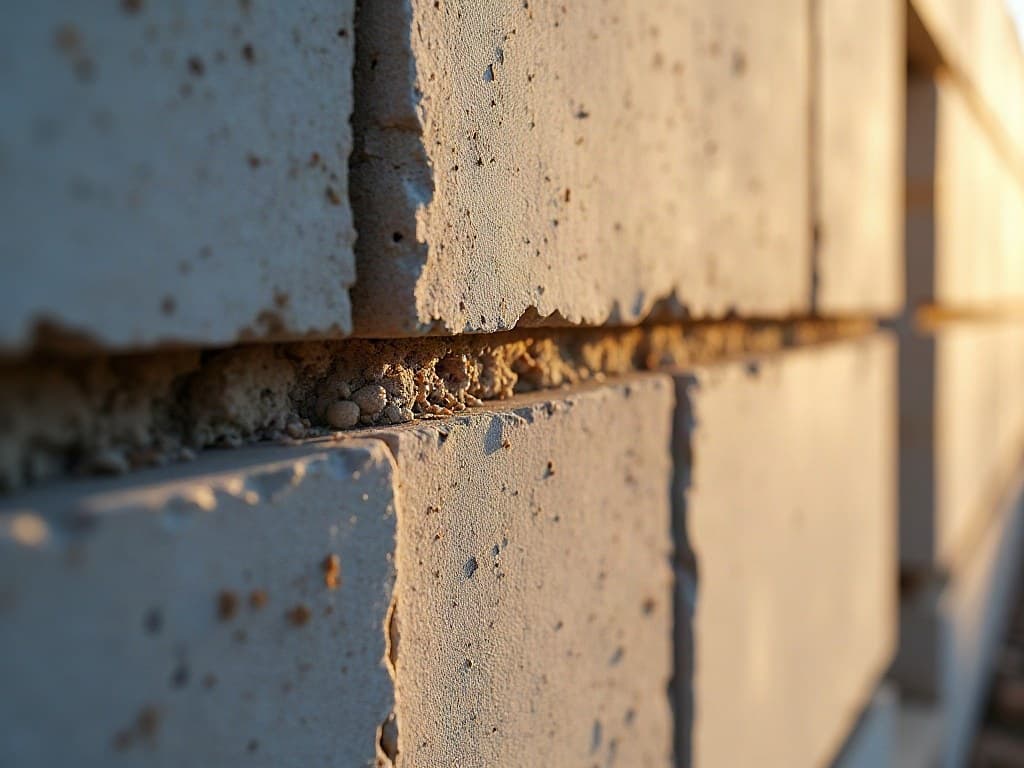 Gros plan sur un joint de mortier entre deux blocs de maçonnerie lors d'un chantier à Niort