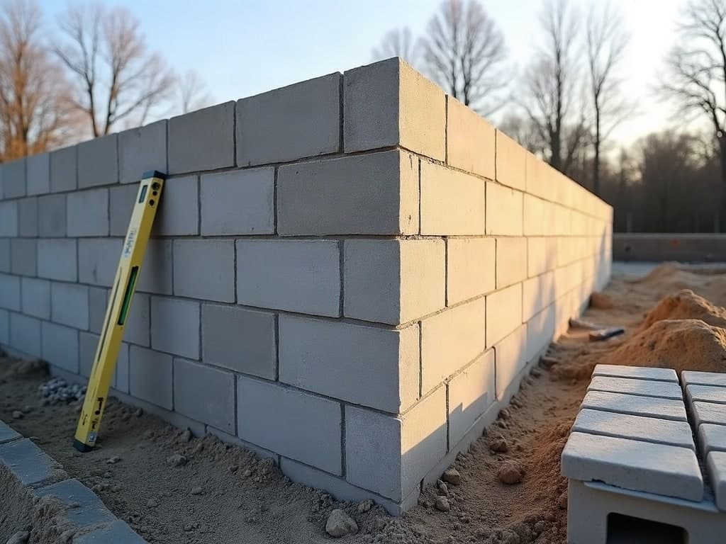 Chantier de maçonnerie générale à Niort, montage d'un mur en parpaing sur fondations neuves