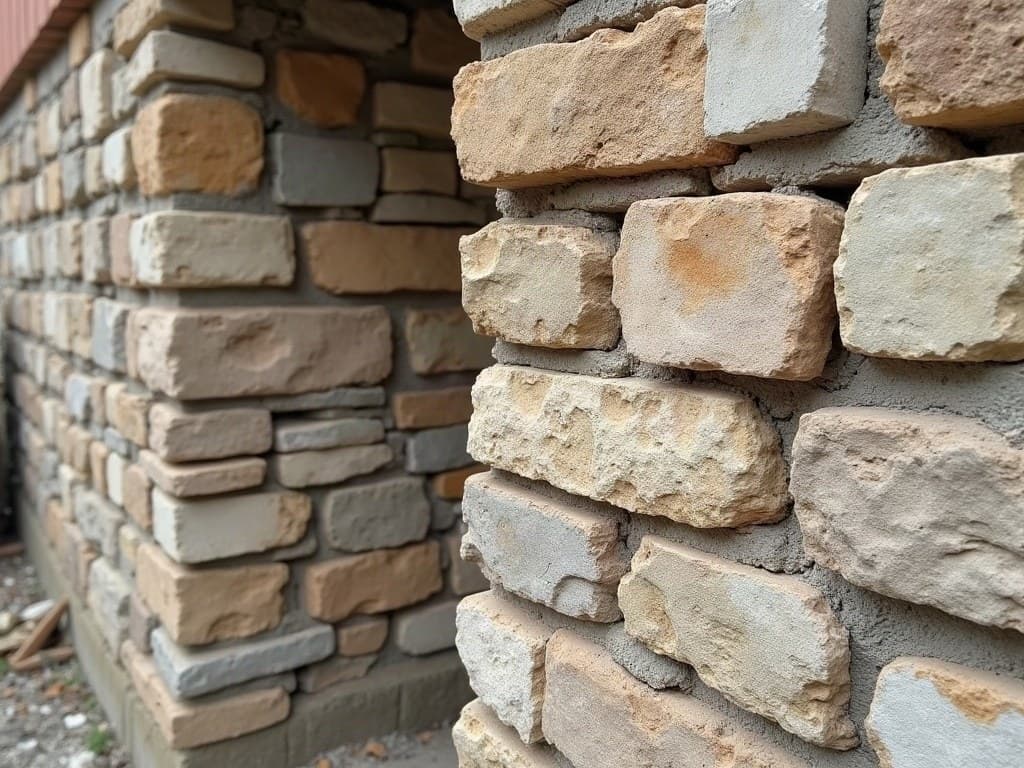 Détail de joints dégarnis avant rejointoiement sur un mur ancien en moellons calcaires