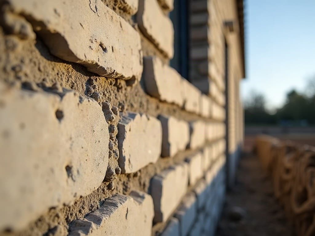Détail du pignon en pierre calcaire d'une extension en cours de montage à Aiffres, près de Niort