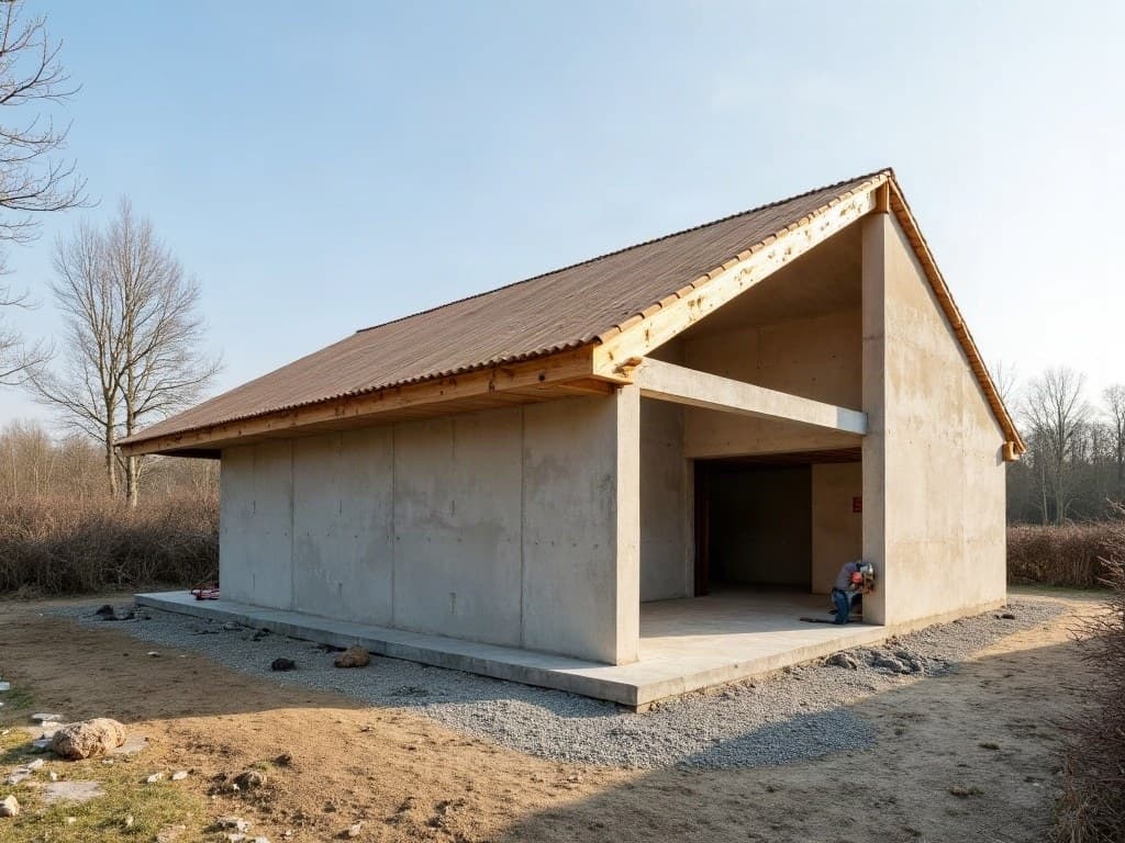 Extension en parpaing en cours de montage sur un pavillon d'Aiffres, coffrage de fondation visible au premier plan