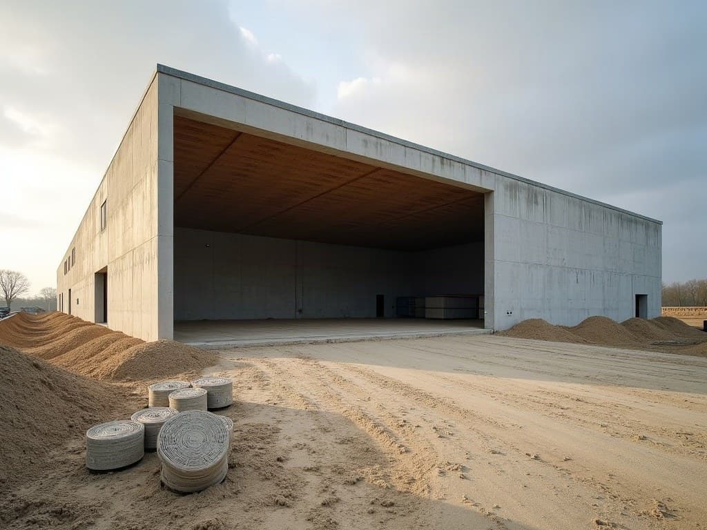 Dalle béton de grande surface coulée pour un local d'activité dans la zone industrielle de Bessines, coffrage de bordure encore en place