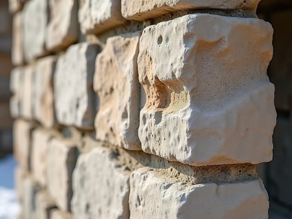 Détail d'une arête de pierre calcaire fraîchement taillée à Échiré, dans la vallée de la Sèvre Niortaise