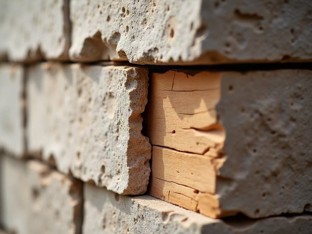 Détail d'un joint entre pierre calcaire et bois sur un chantier de maçonnerie à La Crèche