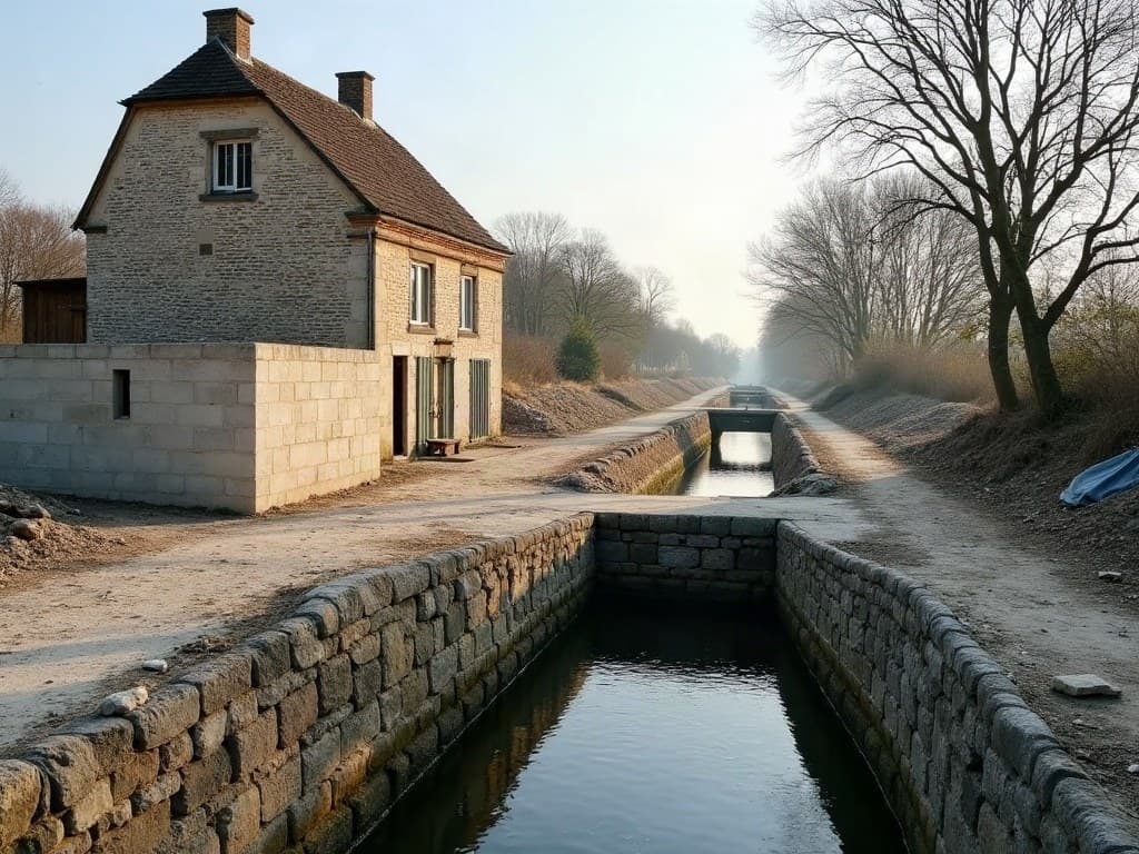 Quai en pierre calcaire le long d'un canal du Marais poitevin, près de Niort