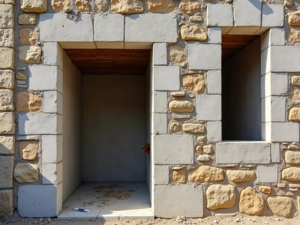 Mur en pierre du bourg ancien de Mauzé-sur-le-Mignon en cours de reprise, ruelle resserrée du centre historique