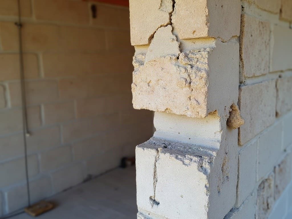 Détail d'un pilier en pierre calcaire fissuré repris lors d'un chantier de maçonnerie à Niort