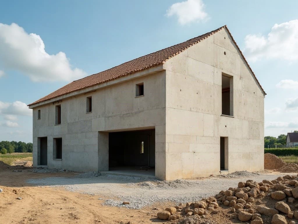 Maison en cours de construction sur un chantier de maçonnerie à Prahecq, chef-lieu de la Plaine Niortaise
