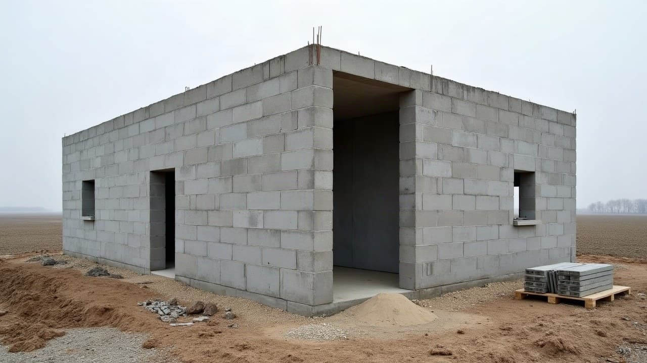 Extension en parpaing sur un pavillon récent à Prahecq, plaine agricole visible à l'arrière-plan