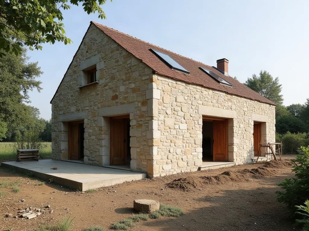 Petite extension en parpaing enduit accolée à une maison individuelle à Saint-Gelais, jardin rural à l'arrière-plan