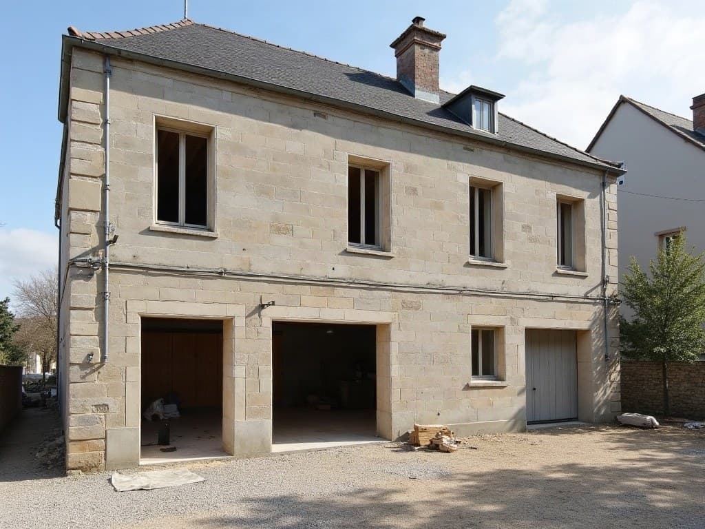 Façade en pierre d'un bâtiment ancien du centre de Saint-Maixent-l'École, mur en cours de reprise avec échafaudage