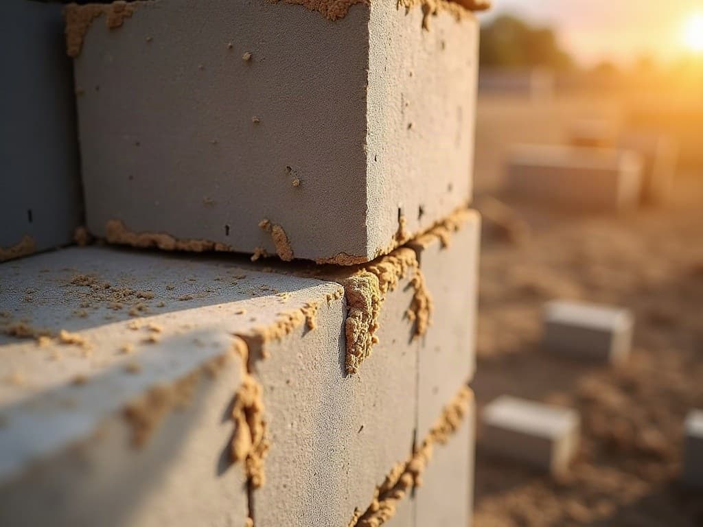 Détail d'un soubassement en cours de montage lors d'un chantier de maçonnerie à Vouillé