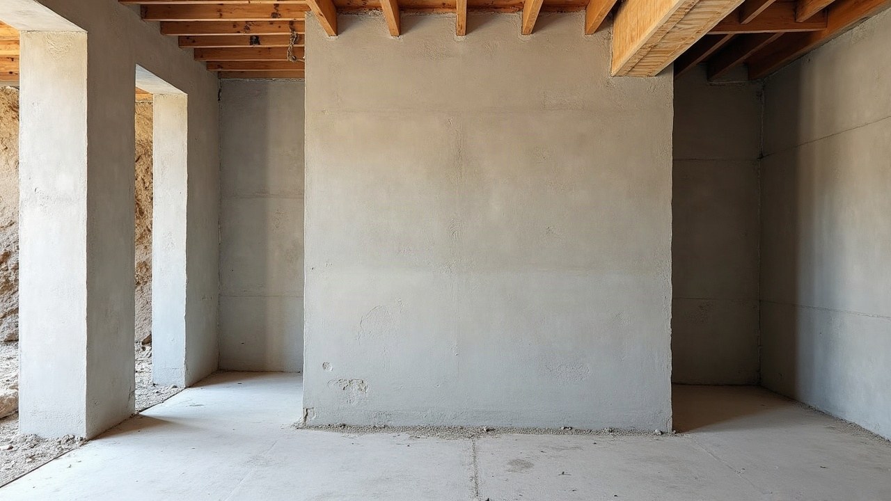 Gros plan sur des aciers de fondation en attente, liés par du fil de fer, contre un mur de coffrage en bois avant coulage du béton