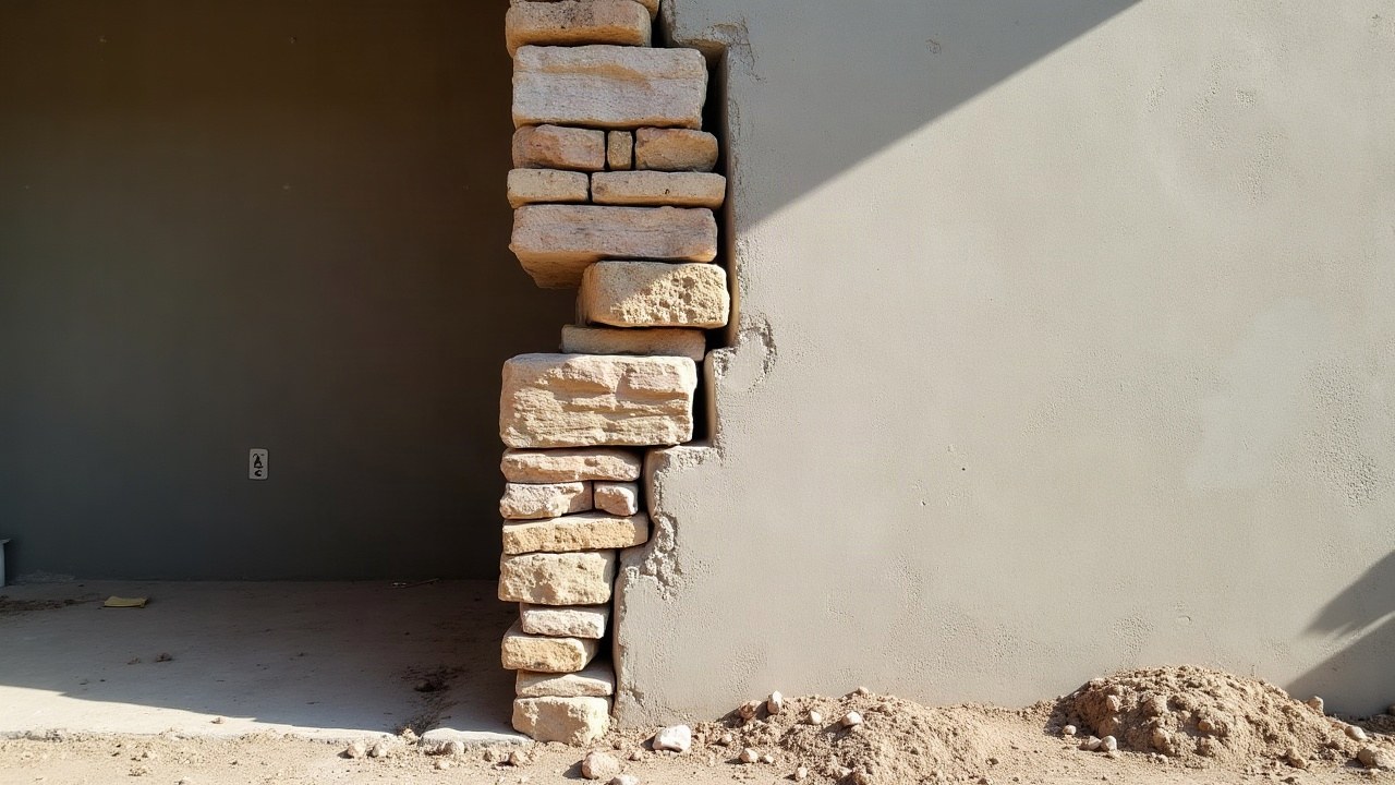 Base d'un mur en pierre calcaire lors d'un diagnostic d'humidité, enduit dégradé retiré sur une portion du mur
