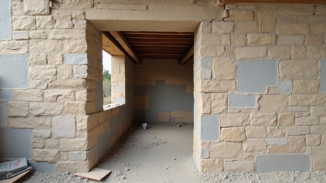 Appareillage de pierre calcaire d'un mur ancien, joints de mortier de chaux visibles entre les blocs