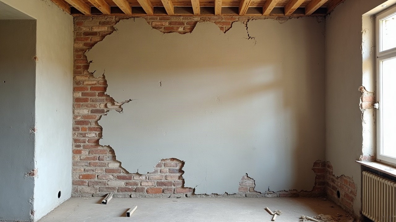 Charpente et solives visibles au-dessus d'un mur en pierre calcaire lors d'un diagnostic avant ouverture, dans une maison ancienne niortaise