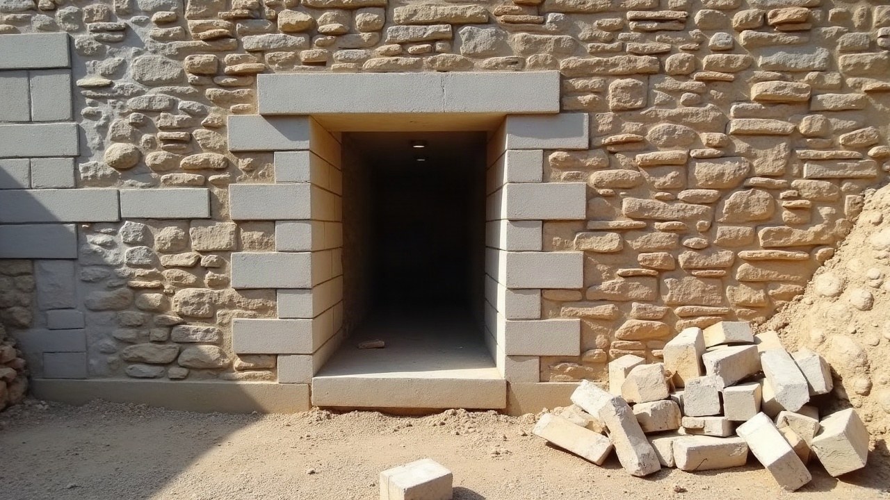 Coupe d'un mur en pierre calcaire lors d'une reprise de maçonnerie, contraste entre la pierre poreuse et un ancien enduit retiré